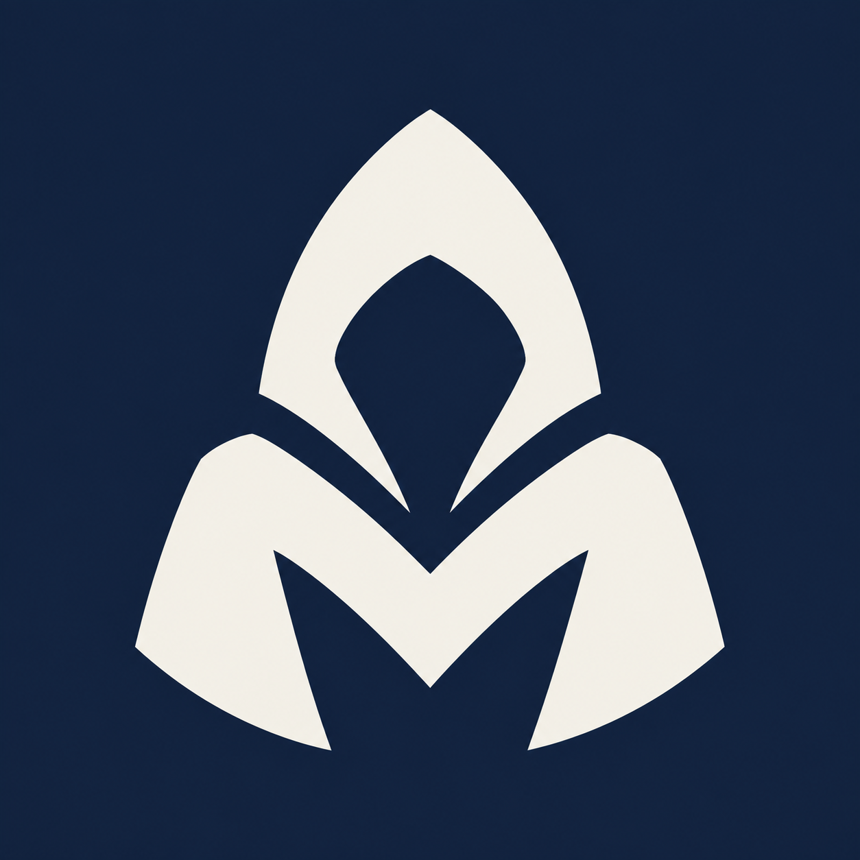 The Mancer hooded M emblem in off-white on a dark navy background